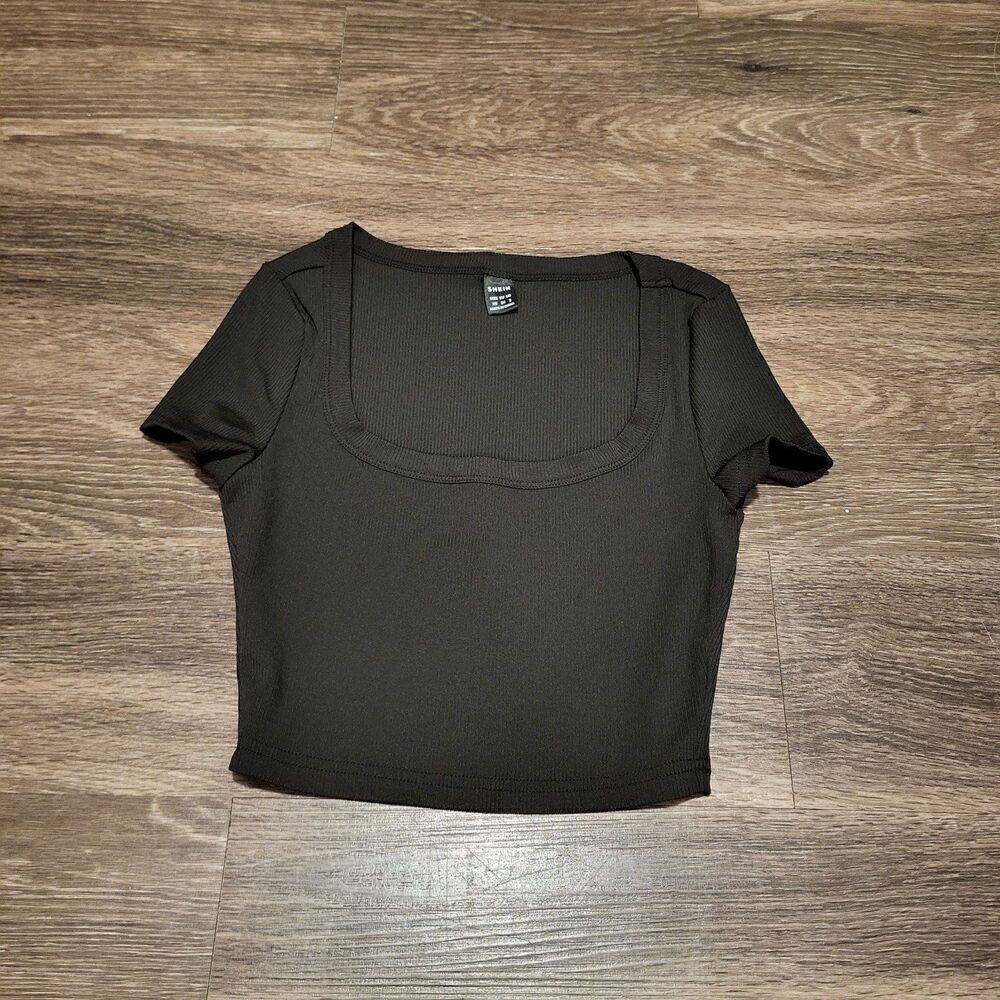 Shein Baby Doll Ribbed Crew Neck Cropped Black Tee Shirt Women's Size XS